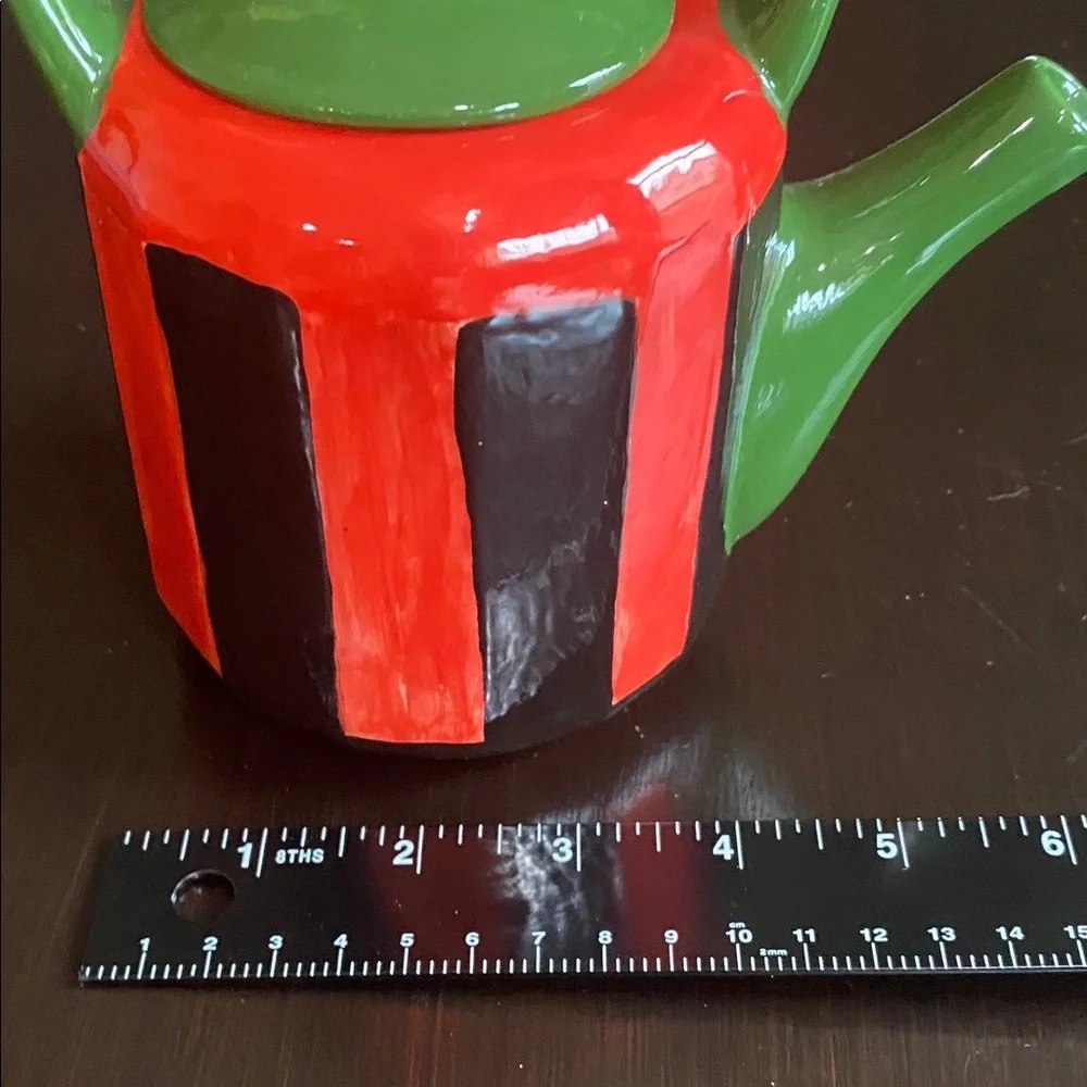 Whimsical Red and Green Ceramic Handpainted Teapot with Bamboo Handle.